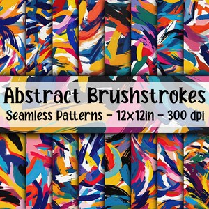 Pode incluir: Conjunto de 12 padrões sem costura de pinceladas abstratas em cores brilhantes, cada um medindo 12x12 polegadas a 300 dpi. Os padrões apresentam pinceladas ousadas e coloridas em uma variedade de estilos e direções.