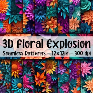 3D フローラル エクスプロージョン シームレス パターン - フローラル デジタル ペーパー - 16 デザイン - 12 x 12 インチ - 商用利用 - シームレスな 3D フラワー パターン