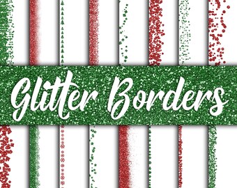 Christmas Glitter Borders Digital Paper - Red and Green Glitter Textures and Backgrounds -  16 Designs - 12in x 12in - Commercial Use