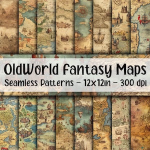 Padrões de mapas de fantasia do velho mundo SEM EMENDA - Papel digital de mapas antigos - 16 designs - 12 x 12 pol - Uso comercial - Padrões de mapas de fantasia