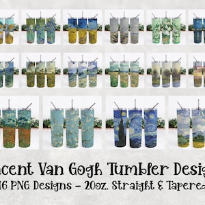 Pacote de design de sublimação para copo fino Vincent Van Gogh - Inclui 16 designs para copos de 20 onças - retos e cônicos