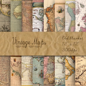 Mapas antigos em papel digital - Pacote de papel digital - 16 designs - 12 pol x 12 pol - Uso comercial - DOWNLOAD INSTANTÂNEO