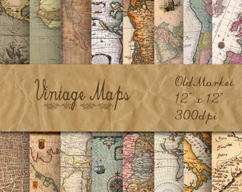 Może przedstawiać: Kolaż 12 vintage'owych map, każda przedstawiająca inny region świata. Mapy są wydrukowane na postarzanym papierze z brązowym, fakturowanym tłem. Tekst "Vintage Maps" i "Old Market 12" x 12" 300dpi" jest wydrukowany na brązowym papierowym banerze.