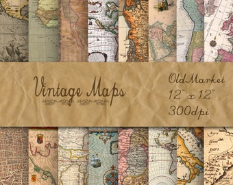 Old Vintage Maps Digital Paper - Digital Paper Pack - 16 Designs - 12in x 12in - Commercial Use - INSTANT DOWNLOAD