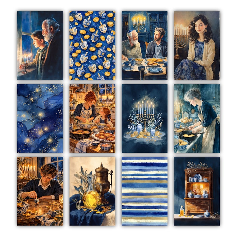 May include: A collection of twelve rectangular art prints featuring Hanukkah themes, including illustrations of a menorah, dreidels, gold coins, family scenes, a person cooking, a person playing with a dreidel, and blue and gold striped patterns.
