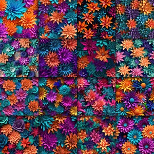 Op de afbeelding: Een kleurrijke collage van papieren bloemen in tinten blauw, paars, oranje en roze. De bloemen zijn in een rasterpatroon gerangschikt, wat een visueel aantrekkelijk en levendig ontwerp cre&euml;ert.