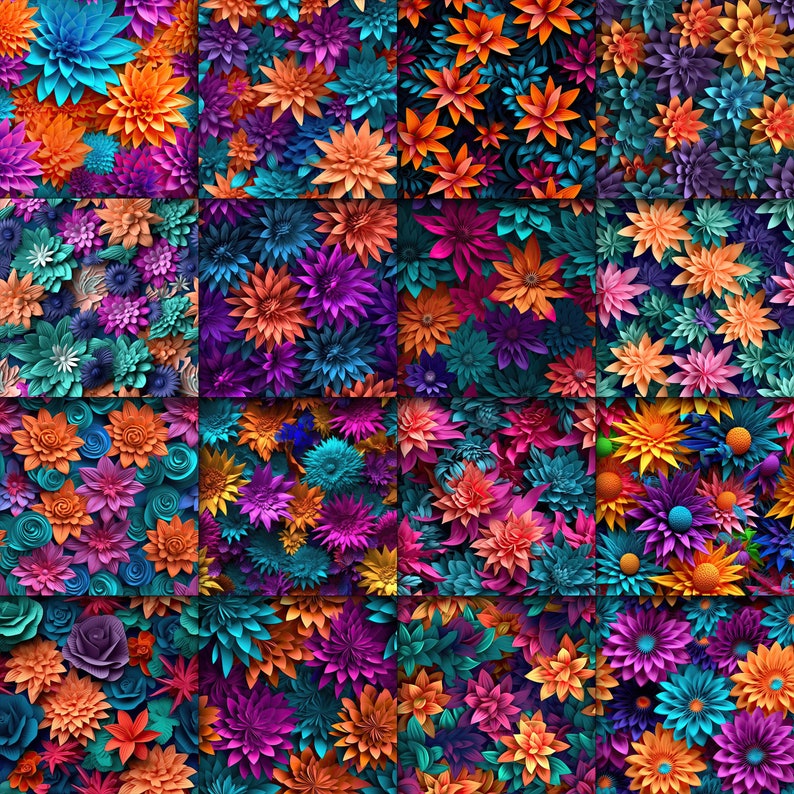 Op de afbeelding: Een kleurrijke collage van papieren bloemen in tinten blauw, paars, oranje en roze. De bloemen zijn in een rasterpatroon gerangschikt, wat een visueel aantrekkelijk en levendig ontwerp cre&euml;ert.