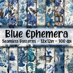 Blue Ephemera SEAMLESS Patterns - Blue Ephemera Digital Paper - 16 Designs - 12x12in - Commercial Use - Vintage Blue Ephemera