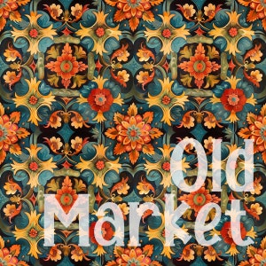 May include: A seamless pattern featuring a repeating design of stylised flowers and leaves in shades of orange, yellow, red, and blue on a dark blue background. The pattern is reminiscent of traditional folk art.
