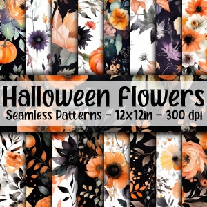 Watercolor Halloween Flowers SEAMLESS Patterns - Black and Orange Flowers Digital Paper - 16 Designs - 12x12in - Commercial Use