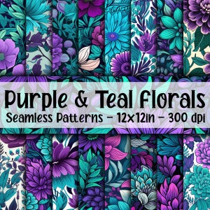 Lila und Türkis florale NAHTLOS Muster - Lila und Türkis Blumen Digital Papier - 16 Designs - 12 x 12 Zoll - Kommerzielle Nutzung