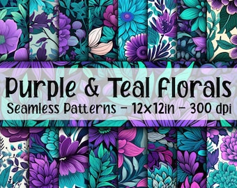 Purple and Teal Floral SEAMLESS Patterns - Purple and Teal Flowers Digital Paper - 16 Designs - 12x12in - Commercial Use