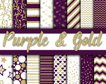 Purple and Gold Digital Paper - Purple and Gold Glitter Textures and Backgrounds -  16 Designs - 12x12in - Commercial Use - INSTANT DOWNLOAD