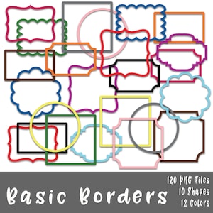 Basic Borders and Frames Clip Art - Kommerzielle Nutzung Clipart - 120 Bilder im PNG-Format - Enthält 10 Designs und 12 Farben