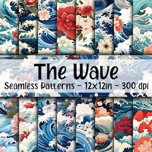Może przedstawiać: Zestaw 12 cyfrowych wzorów bez szwów przedstawiających japoński wzór fal z czerwonymi, białymi i niebieskimi kwiatami. Wzory mają rozmiar 30,5 x 30,5 cm i rozdzielczość 300 dpi. Tekst "The Wave" jest wyświetlany na białym banerze.
