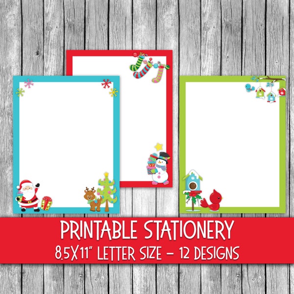 Printable Christmas Stationery - Cute Christmas Letter Paper - Letterheads -  12 Designs - 8.5in x 11in - Commercial Use - Editable in Canva