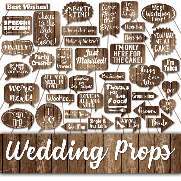 Wedding Photo Booth Prop Signs and Decorations - Rustic Wood Fence Wedding Photobooth Printables - Over 50 Images - Printable Digital File