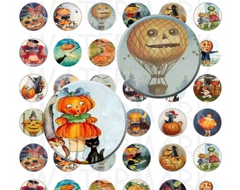 Vintage Halloween Pumpkins - Digital Collage Sheet  - 1 inch Round Circles - INSTANT DOWNLOAD