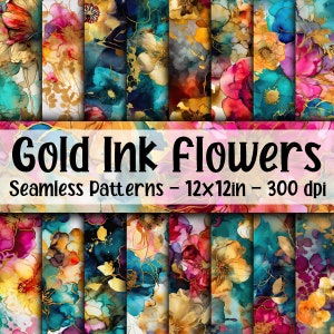 Gold Alkohol Tinte Blumen NAHTLOS Muster - Florale Tinte Digitales Papier - 16 Designs - 30,5 x 30 cm - Kommerzielle Nutzung - Alkohol Tinte Blumen Muster