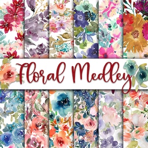 Floral Medley Digital Paper - Watercolor Flower Backgrounds -  12 Designs - 12x12in - Commercial Use - Floral Sublimation