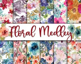 Floral Medley Digital Paper - Watercolor Flower Backgrounds -  12 Designs - 12x12in - Commercial Use - Floral Sublimation