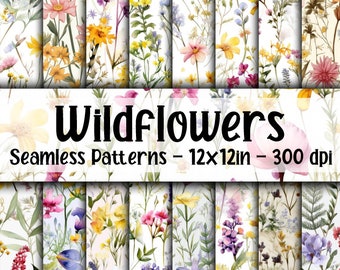 Puede incluir: Doce patrones digitales sin costuras que presentan ilustraciones de acuarela de flores silvestres en varios colores, incluidos el rosa, el amarillo, el azul y el morado. Los patrones son de 12x12 pulgadas y 300 dpi.
