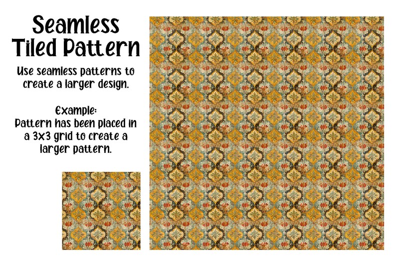 May include: A seamless tiled pattern with a repeating design of yellow, red, and blue floral shapes. The pattern is shown in a 3x3 grid to demonstrate how it can be used to create a larger design.