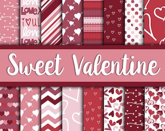 May include: A set of 12 digital papers featuring various Valentine's Day patterns in shades of pink and red. The patterns include hearts, stripes, polka dots, arrows, and the words "Sweet Valentine".