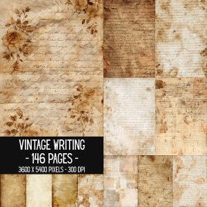 May include: A collection of 146 digital paper sheets featuring vintage writing, aged parchment textures, and floral illustrations. The pages display cursive script, grid lines, and stained paper effects in shades of brown, tan, and cream.