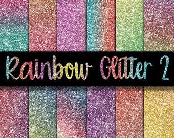 May include: A digital artwork showcasing a variety of glitter textures in shades of gold, pink, green, and blue. The words "Rainbow Glitter 2" are displayed across the centre in a rainbow gradient.