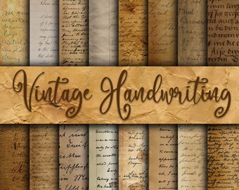 Op de afbeelding: Een collage van vintage handgeschreven tekst op verouderd papier met een bruine banner waarop "Vintage Handwriting" staat.