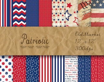 Patriotic Digital Paper - 4th of July Paper Backgrounds -  16 Scrapbook Papers - 12in x 12in - Commercial Use -  INSTANT DOWNLOAD