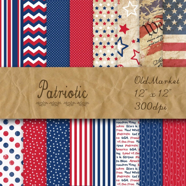 Patriotic Digital Paper - 4th of July Paper Backgrounds -  16 Scrapbook Papers - 12in x 12in - Commercial Use -  INSTANT DOWNLOAD