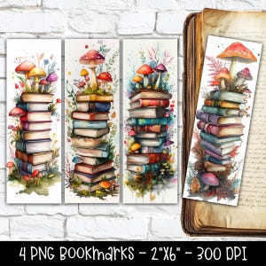 Puede incluir: Cuatro marcadores de acuarela con pilas de libros adornados con coloridas setas y follaje. Los marcadores miden 5 cm x 15 cm. La imagen muestra los marcadores contra una pared de ladrillos blancos y un libro vintage.