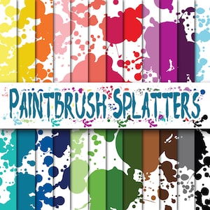 May include: A digital paper pack with 16 different patterns of colorful paint splatters on a white background. The patterns are arranged in a grid and the text "PAINTBRUSH SPLATTER" is at the top.