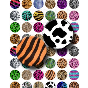 May include: A set of 36 1-inch round circles featuring various animal print designs. The prints include zebra, leopard, tiger, cheetah, cow, snake, and peacock. The circles are perfect for crafting projects, scrapbooking, and more.