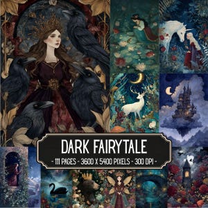 Puede incluir: Una colección digital titulada DARK FAIRY TALE con 111 páginas de ilustraciones de fantasía. El collage muestra a una reina con cuervos, un unicornio blanco, un ciervo blanco, un castillo flotante, un cisne negro, un oso y un hada con alas.