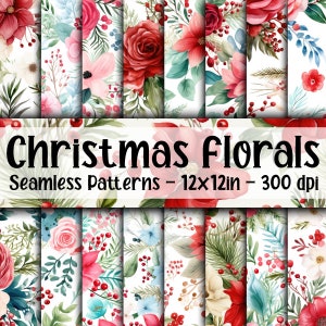 Patrones sin costuras con flores navideñas en acuarela - Papel digital navideño - 16 diseños - 12 x 12 pulgadas - Uso comercial - Flores navideñas