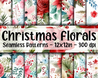 Watercolor Christmas Florals SEAMLESS Patterns - Christmas Digital Paper - 16 Designs - 12x12in - Commercial Use - Christmas Flowers