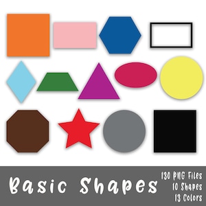 Basic Shapes Clip Art - 2D - Commercial Use Clipart - 130 Images in PNG format - Includes 10 designs and 12 colors, plus black outlines
