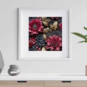 May include: A framed print of a floral arrangement featuring red, gold, and gray flowers. The flowers are made of leather and have a 3D effect.