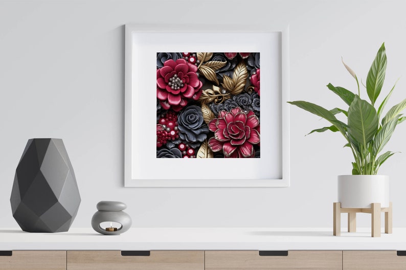May include: A framed print of a floral arrangement featuring red, gold, and gray flowers. The flowers are made of leather and have a 3D effect.