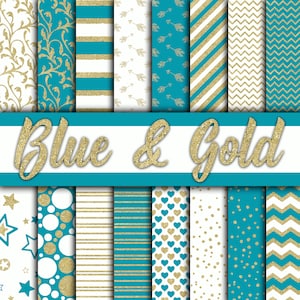 Blue and Gold Digital Paper - Blue and Gold Glitter Textures and Backgrounds -  16 Designs - 12x12in - Commercial Use -  INSTANT DOWNLOAD