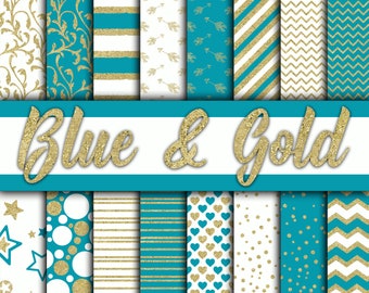 Blue and Gold Digital Paper - Blue and Gold Glitter Textures and Backgrounds -  16 Designs - 12x12in - Commercial Use -  INSTANT DOWNLOAD