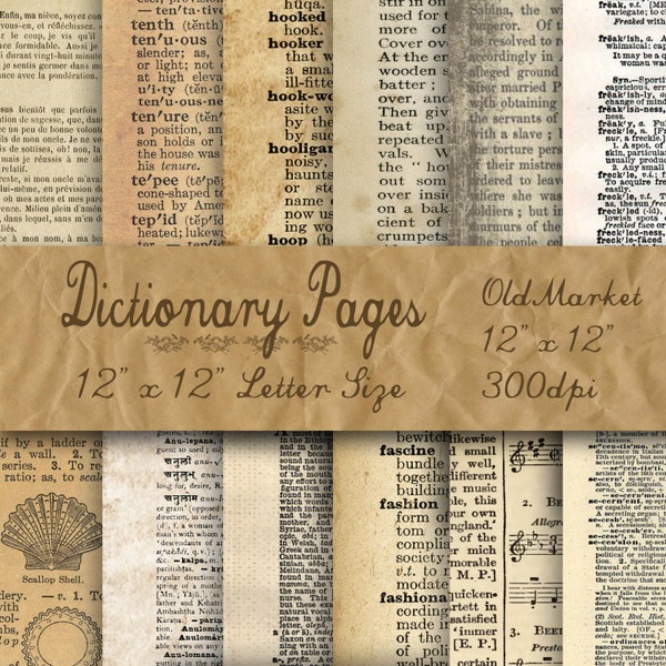 Wörterbuch Seiten Papier - alte Papier Texturen - 12 Designs - 12 in x 12 in - kommerzielle Nutzung - sofort-DOWNLOAD