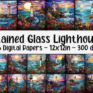 Stained Glass Lighthouse Digital Papers - Lighthouses Stained Glass Backgrounds - 16 Designs - 12in x 12in - Commercial Use