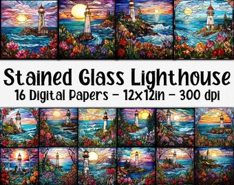 Stained Glass Lighthouse Digital Papers - Lighthouses Stained Glass Backgrounds - 16 Designs - 12in x 12in - Commercial Use