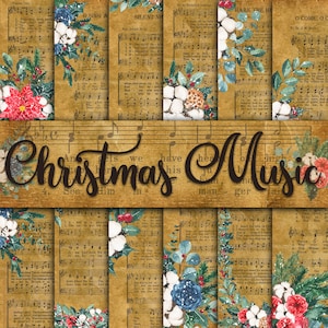 Floral Christmas Music Digital Papers - Christmas Music Backgrounds - 12 Designs - 8.5in x 11in - Commercial Use - Instant Download