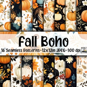 Fall Boho SEAMLESS Patterns - Autumn Digital Paper - 16 Designs - 12x12in - Commercial Use - Fall Boho Pumpkins