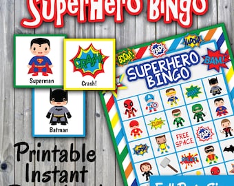 SuperHero Bingo Printable Game - 30 different Cards - Full Page Size - Super Hero Memory Game - Printable Party Game - INSTANT DOWNLOAD